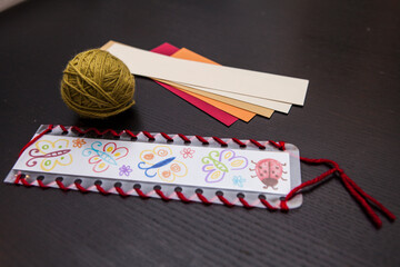 bookmark for books, Art and handswork for children with woolen threads