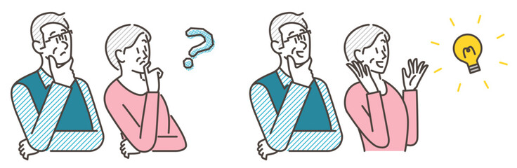 Set of a senior couple with problems and questions, and a senior couple happy that their problems have been solved [Vector illustration].