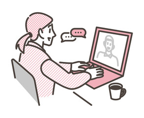 Female businessperson having an online meeting on her laptop while teleworking [Vector illustration].