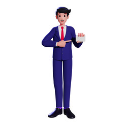 Businessman pointing finger at the banner sign. a man with a business suit holding and showing a credit, debit, and ATM card on his hand. 3d illustration