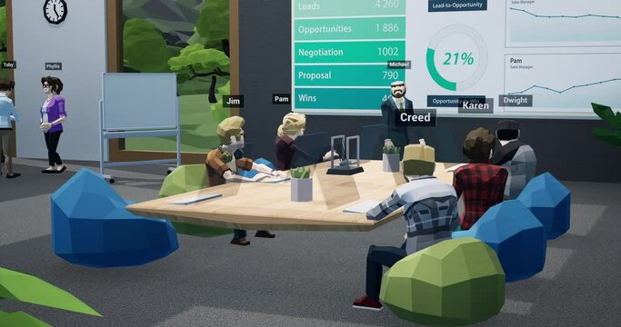 People as avatars having a business meeting in a virtual metaverse VR office, discussing company financial sales report stats. Generic 3d rendering