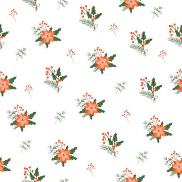 Seamless pattern of Christmas red poinsettia flower, christmas greenery. Christmas pattern for surface design, wallpapers, fabrics, wrapping paper. Vector hand draw illustration.	