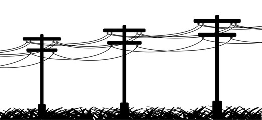 Tangent towers. High voltage pole, electric wires and telephone cable, wire line pylon, poles network. Broken electric pylons, power transmission line. Cartoon for socket, electricity cable circuit. 