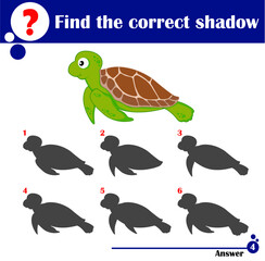 Educational game for children. Find the correct shadow. Cute sea turtle