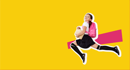 Fototapeta na wymiar cute happy schoolgirl jumping up with backpack