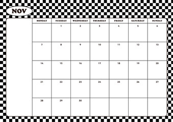November 2022 calendar template design illustration on chess, check, grid and checkerboard pattern background. Memo, scheduler, diary, calendar, memo, planner document template background.