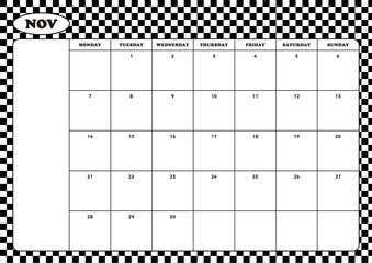 November 2022 calendar template design illustration on chess, check, grid and checkerboard pattern background. Memo, scheduler, diary, calendar, memo, planner document template background.