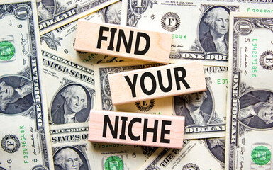 Find your niche symbol. Concept words Find your niche on wooden blocks. Dollar bills. Beautiful background from dollar bills. Business and find your niche concept. Copy space. - obrazy, fototapety, plakaty