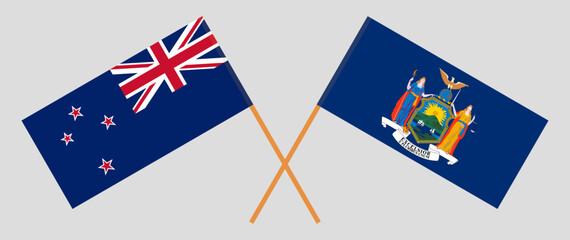 Crossed flags of New Zealand and The State of New York. Official colors. Correct proportion