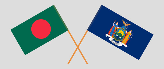 Crossed flags of Bangladesh and The State of New York. Official colors. Correct proportion