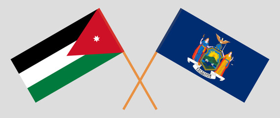 Crossed flags of Jordan and The State of New York. Official colors. Correct proportion