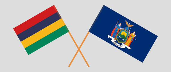 Crossed flags of Mauritius and The State of New York. Official colors. Correct proportion