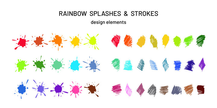 Rainbow liquid paint splashes and felt tip pen strokes. Fun design elements