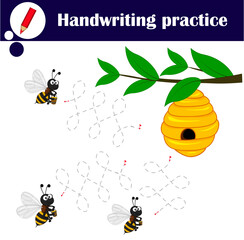 Tracing lines for kids with bees and hive. The loop. Handwriting practice