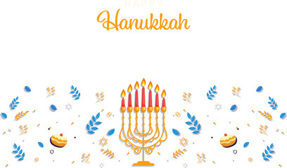 Happy Hanukkah Greeting Card With Illuminated Candelabra, Leaves, Berries, Stars Of David And Sufganiyah (Jelly Donut) Decorated Background.