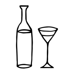 Wine bottle and glass in doodle style. Hand Drawn. Freehand drawing. Doodle. Sketch. Outline.