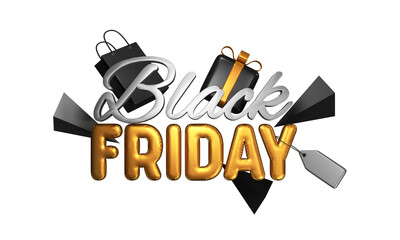3D Render Of Silver And Golden Black Friday Font With Empty Tag, Gift Box, Shopping Bag, Triangle Element Decorated Background. Advertising Banner Design.
