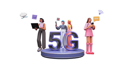 3D Young Women Using High Speed 5G Network In Their Devices Against Background.