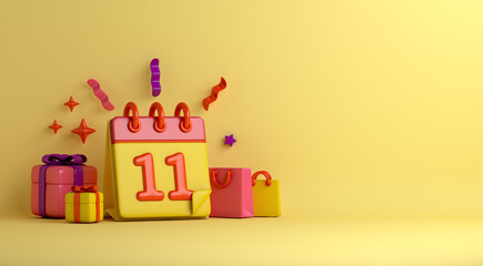 11.11 Shopping day sale background with calendar, gift box, shopping bag copy space text, 3D rendering illustration