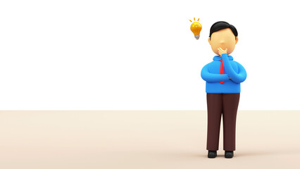 3D Render Of Cartoon Businessman Thinking A Idea Against Background.