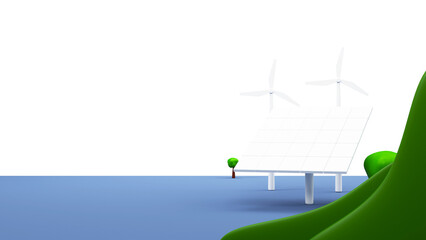 3D Rendering Solar Panel With Windmills, Trees And Copy Space On Blue And White Background.