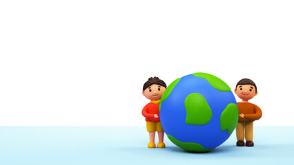 3D Portrait Of Cartoon Young Boy And Girl Standing With Earth Globe Against Background.