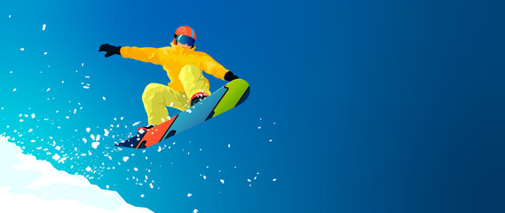 А snowboarder rushes down. Blue sky on the background. Snow splashes. dynamic vector illustration. banner	 - obrazy, fototapety, plakaty