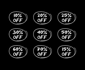 Sale discount label icons. Special offer price signs. 10, 15, 20, 25, 30, 40, 50, 60 and 70 percent off doodle symbols. Speech bubbles or chat symbols on black background