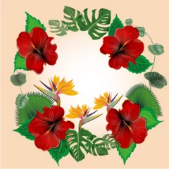 Papier Peint photo Plantes tropicales Tropical wreath with Hibiscus, Bird of Paradise and Monstera