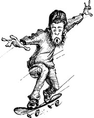 Drawing of a young man riding skateboard. Illustration of skater doing tricks hand drawn. © drawkman