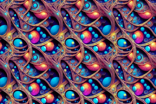 Abstract colorful glowing shapes. Fantasy light background. Seamless repeat pattern sci-fi, steam punk for for wallpapers, banners, web, digital print design. 3d illustration 