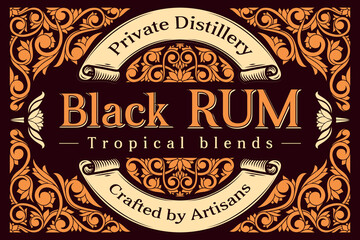 Black Rum - ornate vintage decorative label - obrazy, fototapety, plakaty