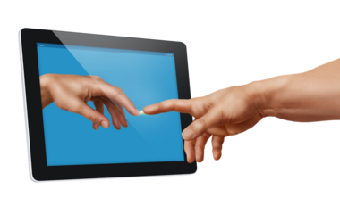 The Creation of Adam, a modern take on the painting with a touchpad.