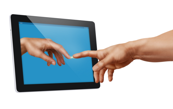 The Creation of Adam, a modern take on the painting with a touchpad.