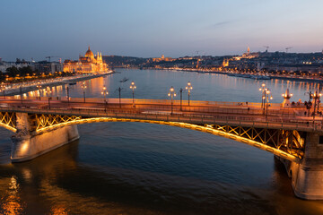 Aerial view from Danube river in Budapest at night