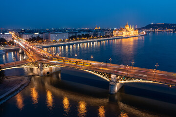 Fototapeta na wymiar Aerial view from Danube river in Budapest at night