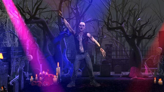 Seamless animation of a punk zombie sexy dancing in a graveyard party. Funny cartoon character for Halloween background.