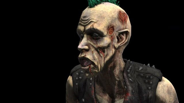 Seamless animation of a closeup of a punk zombie idle. Funny cartoon character for Halloween background.