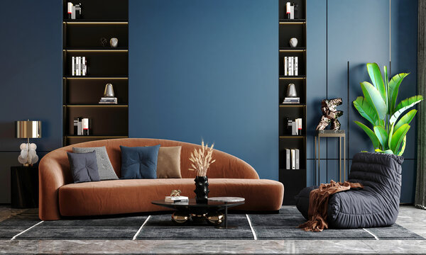 living room interior mock-up with orange sofa, wooden table and wall library home decoration in dark blue background, 3d render