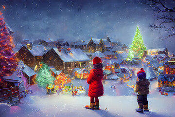 Children overlooking a festive Christmas village in winter. Generative AI creation.