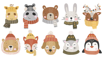 Baby animals set, winter animals collection, cute animals cartoon vector, thickly clothed pet, adorable pet vector, minimalist cartoon design © ElenaVector44