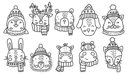 Baby line animals set, winter animals collection, cute line animals cartoon vector, thickly clothed pet, adorable pet vector, minimalist line design