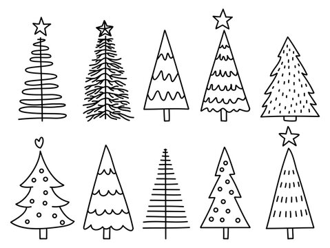 Christmas tree line illustration set, winter line art vector, christmas decoration element collection, minimalist line tree vector, tree fir clipart