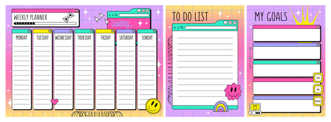 Weekly planner and To Do List  in y2k style. Kids Retrowave schedule design template