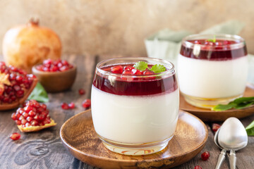 Winter delicious italian dessert panna cotta with pomegranate jelly and mint, homemade cuisine on a...