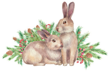 Christmas Rabbits with spruce and berries