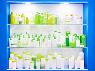 Plastic cosmetic bottles and shampoo