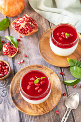 Winter delicious italian dessert panna cotta with pomegranate jelly and mint, homemade cuisine on a...