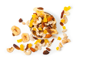 Fruit and nut assortment of peanuts, raisins, pineapple, almonds, cashews and bananas.