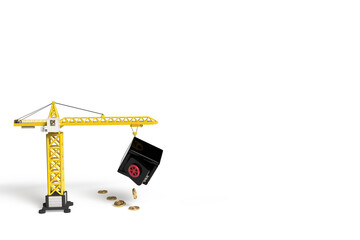 Background with a construction crane and a bank safe from which coins with a euro sign are pouring out. Template on the theme of investments in construction and I will lose money on investments.